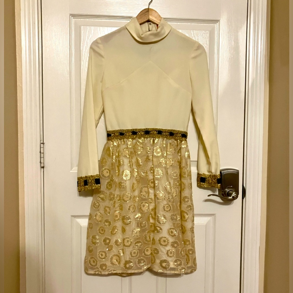 Vintage Melissa Lane Cream Gold Black Formal Cocktail Dress Sz Small
